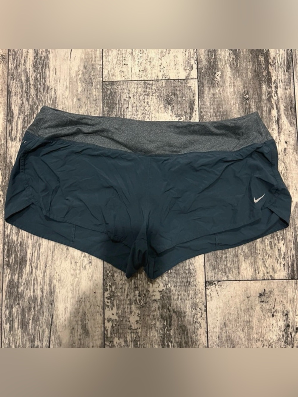 Nike Women's Teal Athletic Running Shorts with Gray Waistband